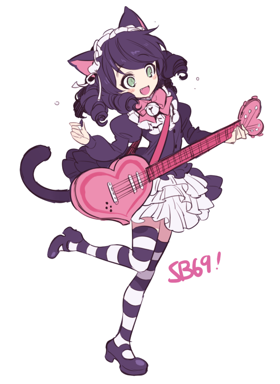 1girl, :d, animal_ears, bell, black_hair, blush_stickers, bowtie, cat_ears