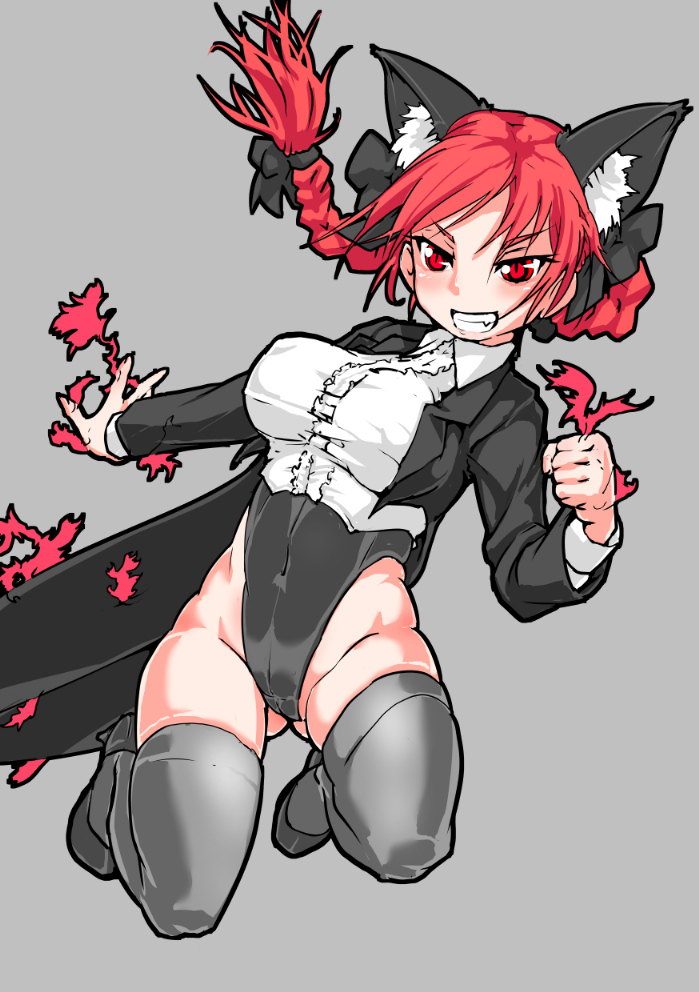 animal_ears, braid, breasts, cat_ears, coattails, fire, grin, high_heels, jumping, kaenbyou_rin, large_breasts, leotard, mersoleil03, red_eyes, redhead, slit_pupils, smile, thigh-highs, touhou, tuxedo_jacket, twin_braids
