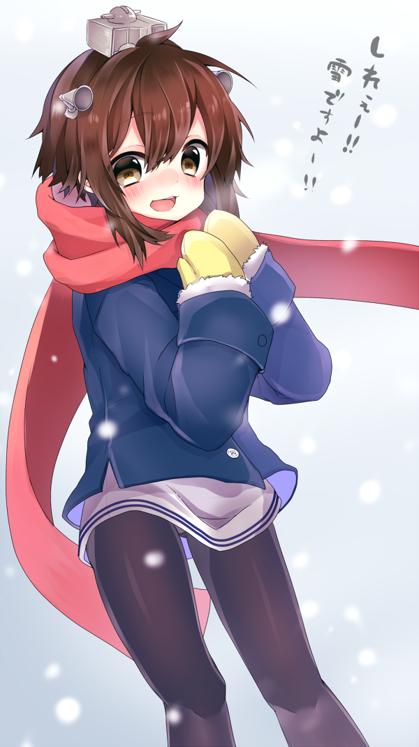 1girl, black_legwear, brown_hair, coat, fire, hair_ornament, headgear, kantai_collection
