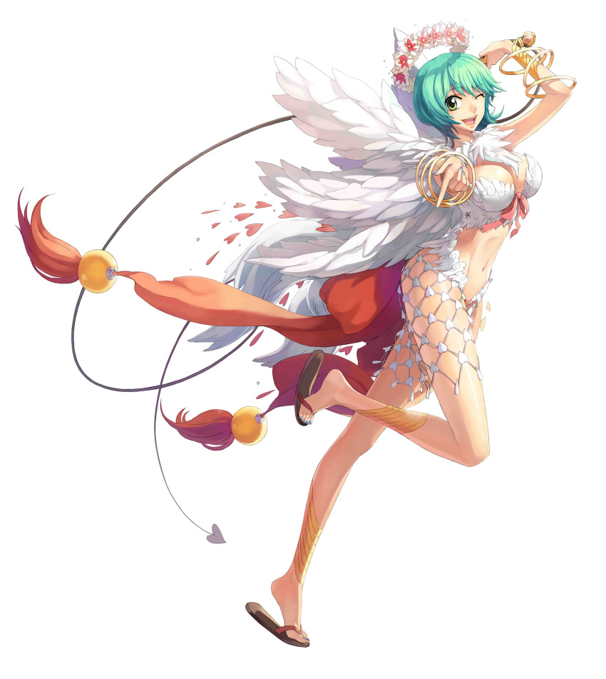 1girl, angel_wings, blue_nails, bow, bracelet, breasts, flower, green_eyes
