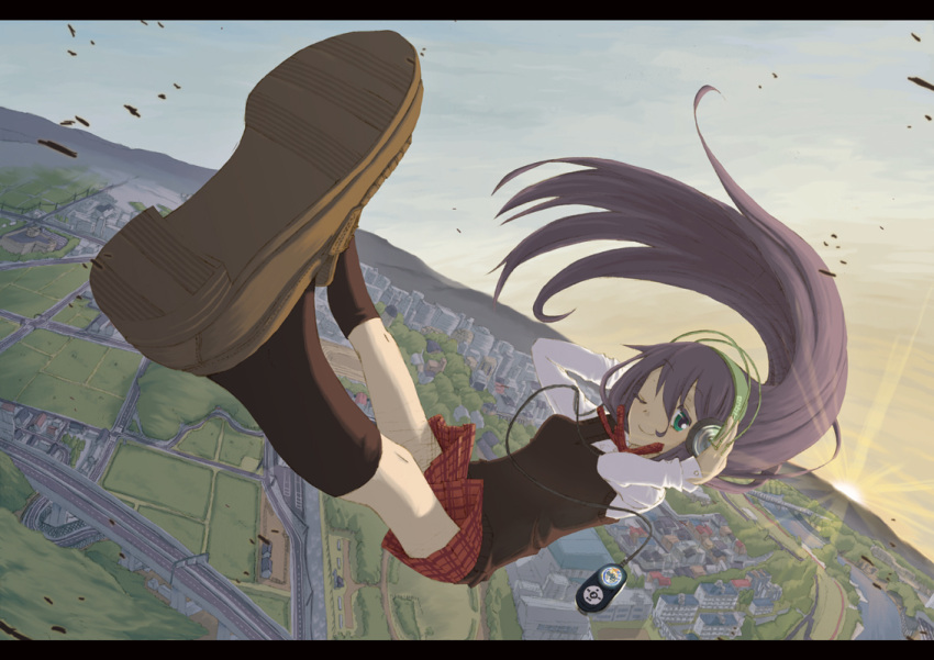bad_id, flying, from_above, green_eyes, headphones, kneehighs, long_hair, original