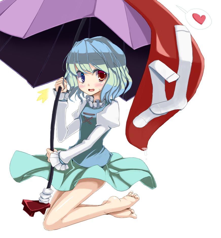 barefoot, blue_eyes, blue_hair, feet, heart, heterochromia, karakasa, karakasa_obake