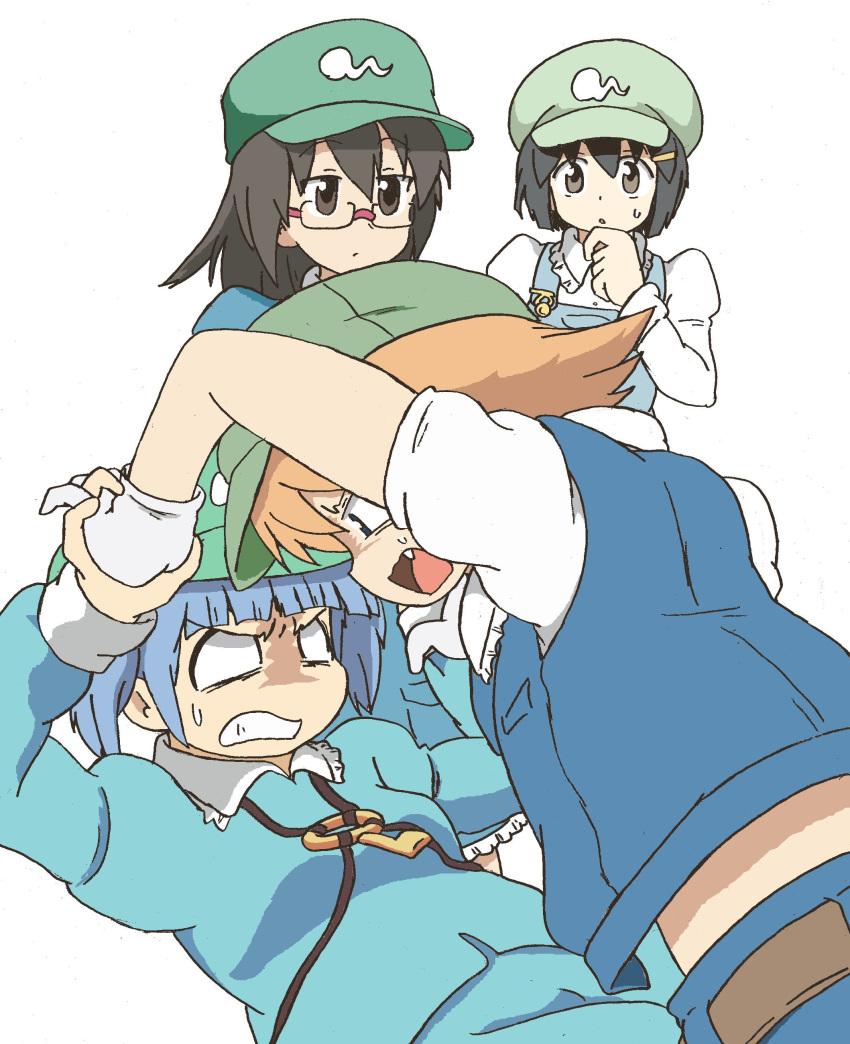 4girls, absurdres, aoyoshi, backpack, bag, black_hair, blonde_hair, blue_eyes, blue_hair, brown_eyes, dark_haired_kappa, extra, fang, glasses, hair_bobbles, hair_ornament, hat, highres, kappa, kappa_mob, kawashiro_nitori, key, multiple_girls, open_mouth, rimless_glasses, short_hair, simple_background, tagme, touhou, twintails, two_side_up, white_background