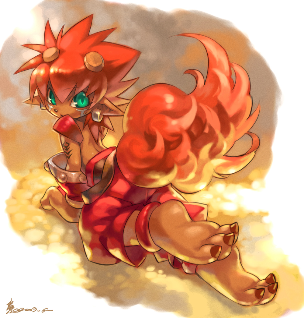 digimon, earrings, facial_mark, flamon, green_eyes, jewelry, low_ponytail, no_humans