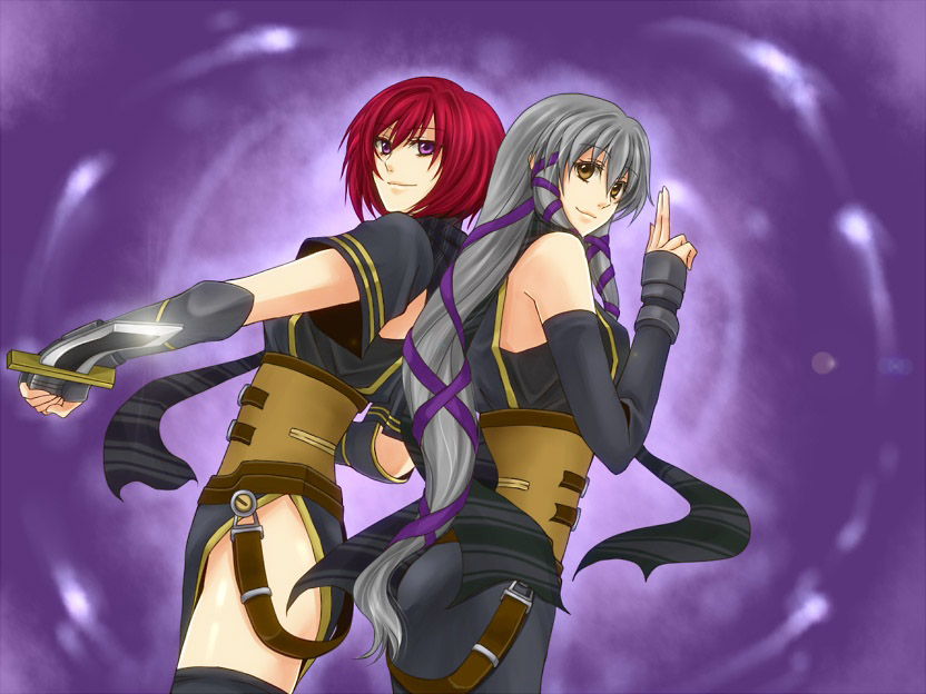 2girls, breasts, clair_lasbard, gloves, green_eyes, long_hair, multiple_girls, nel_zelpher