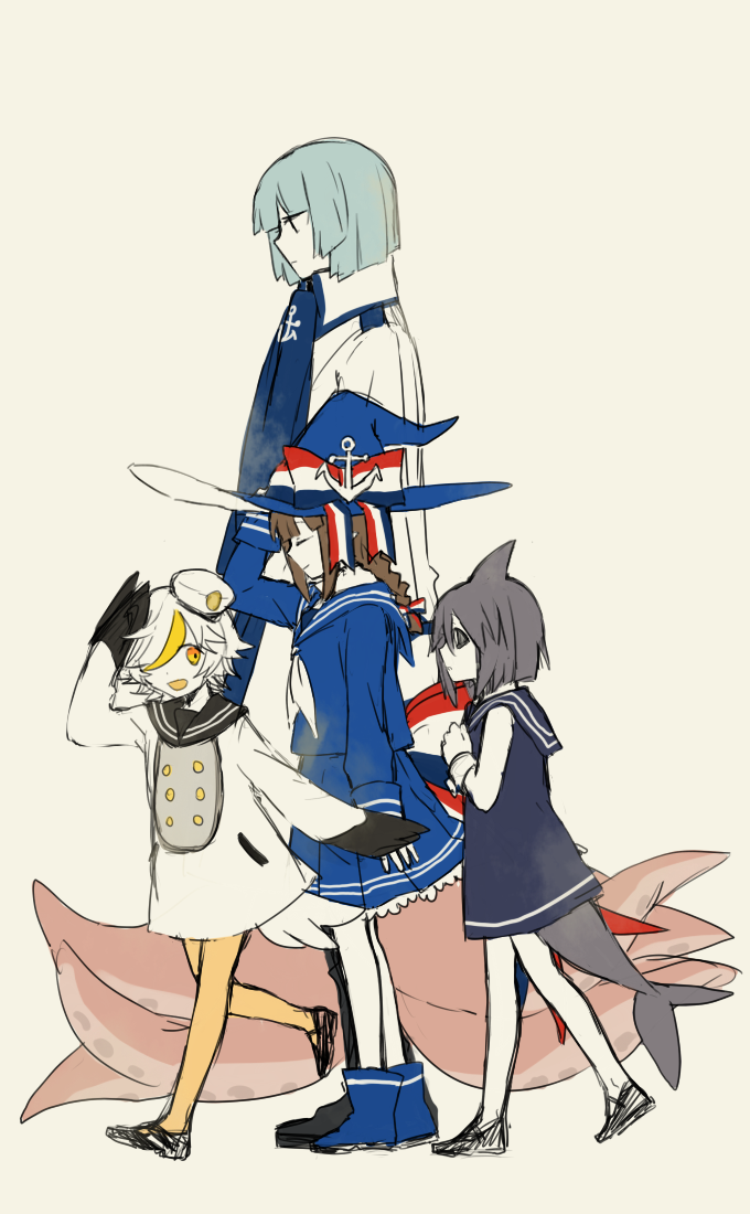 1boy, 3girls, aaniko, blue_hair, boots, braid, brown_hair, child