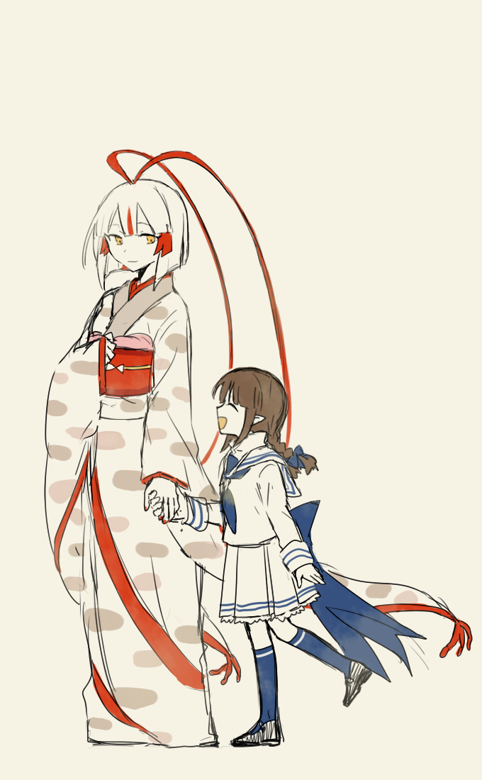 2girls, ^_^, aaniko, bangs, braid, closed_eyes, happy, holding_hands, japanese_clothes, kimono, long_hair, looking_at_another, multiple_girls, nail_polish, necktie, oounabara_to_wadanohara, open_mouth, pale_skin, ribbon, sailor_collar, short_hair, sidelocks, sketch, tatsumiya_(wadanohara), tied_hair, twintails, wadanohara, white_hair, yellow_eyes