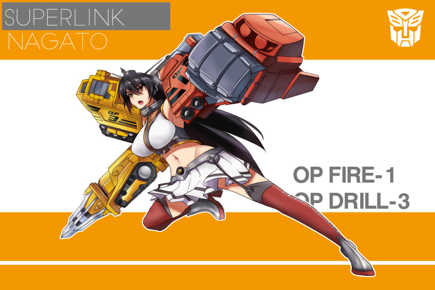 1girl, altronage, autobot, black_hair, breasts, crossover, drill, english