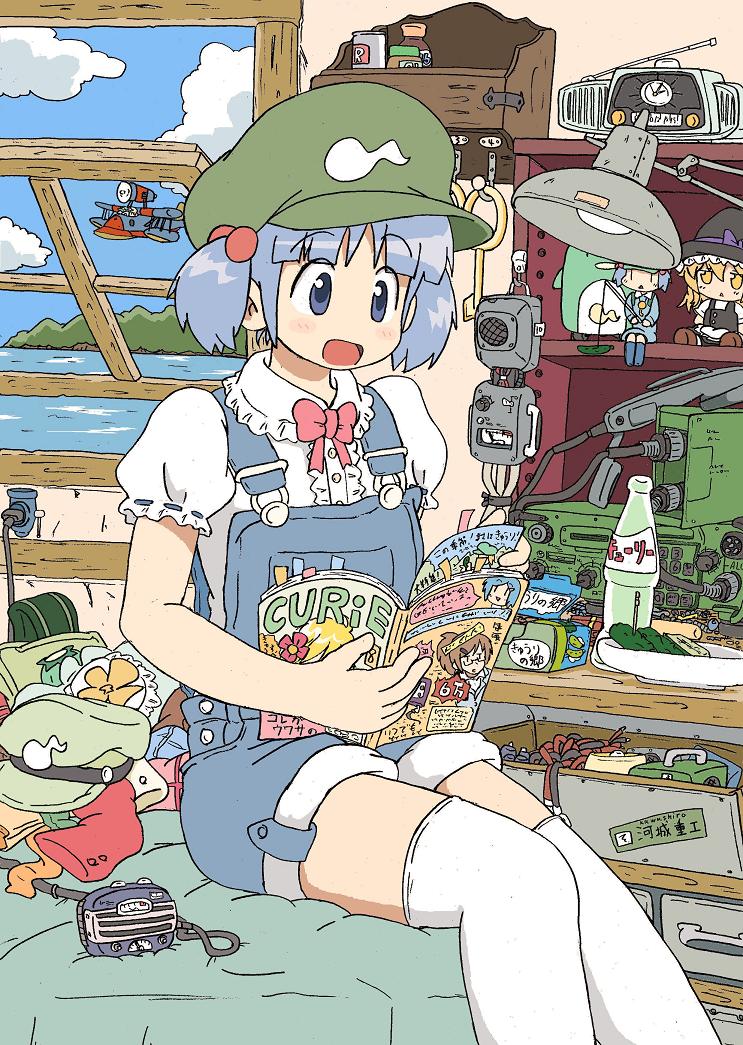 1girl, aoyoshi, bed, blue_eyes, blue_hair, blush, book, bookshelf