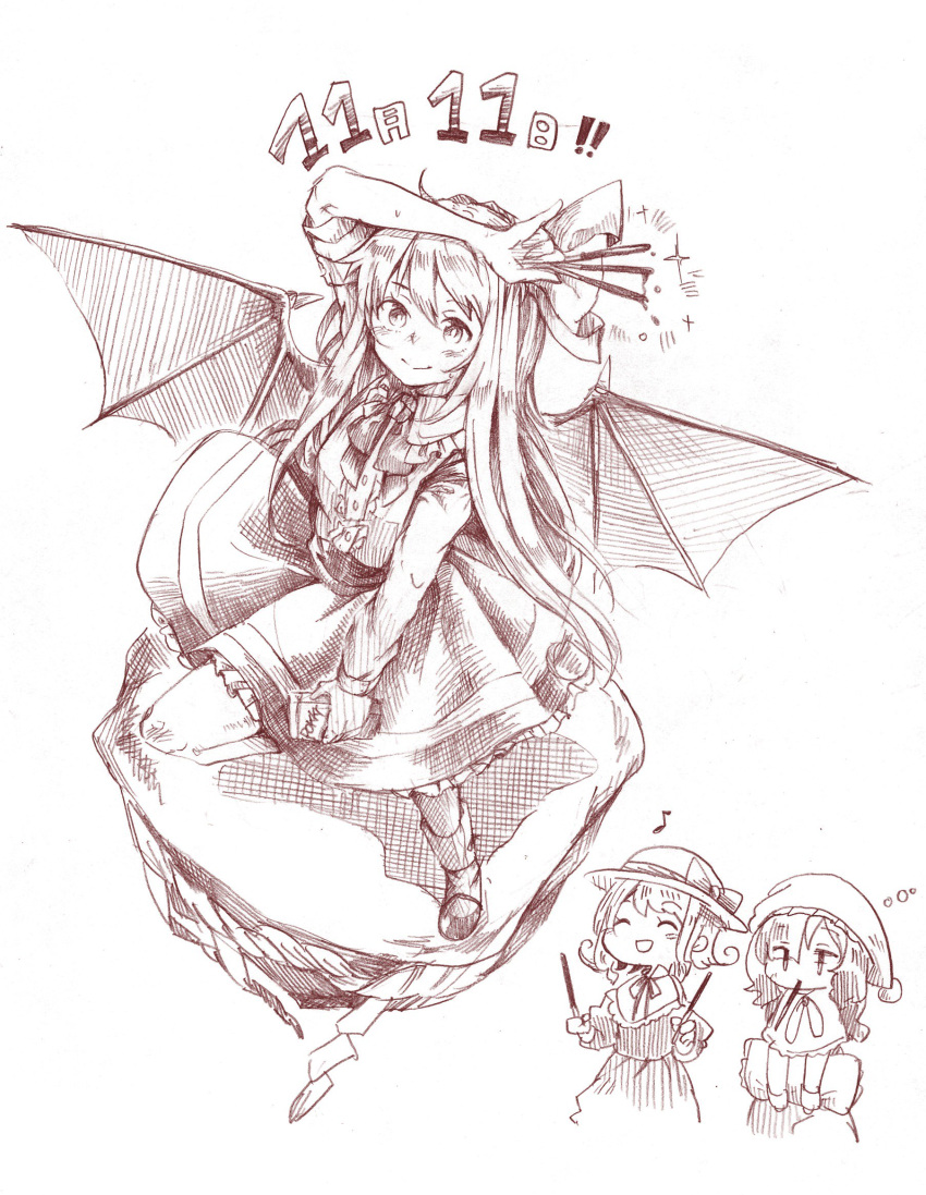 3girls, bat_wings, dated, elly, graphite_(medium), hair_ribbon, hat, highres, kazami_yuuka, kazami_yuuka_(pc-98), kurumi_(touhou), long_hair, monochrome, multiple_girls, nightcap, nightgown, pocky, pocky_day, ribbon, short_hair, skirt, touhou, touhou_(pc-98), traditional_media, wadante, wings