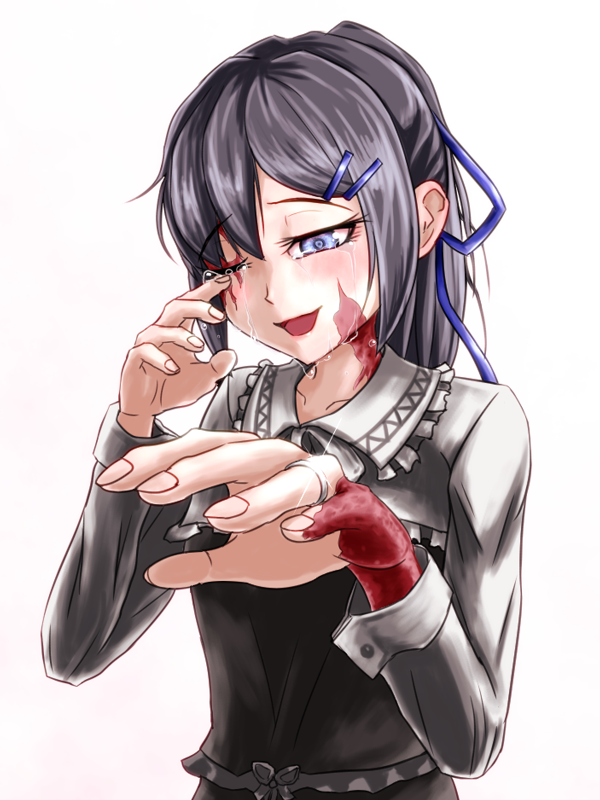 1girl, ;d, black_hair, blue_eyes, burn_scar, crying, crying_with_eyes_open, dorei_to_no_seikatsu_~teaching_feeling~