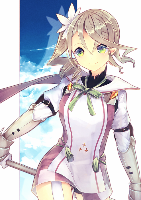 1girl, alisha_diphda, aoi_koto_madoka, brown_hair, green_eyes, side_ponytail, smile, solo