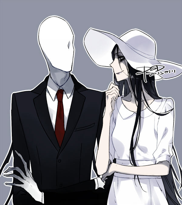 1boy, 1girl, 2ch, artist_name, bangs, black_hair, collarbone, creepypasta