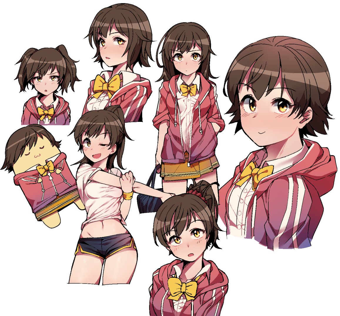 1girl, ;d, alternate_hair_length, alternate_hairstyle, aramaki_scaltinof, bowtie, brown_hair, cropped_legs