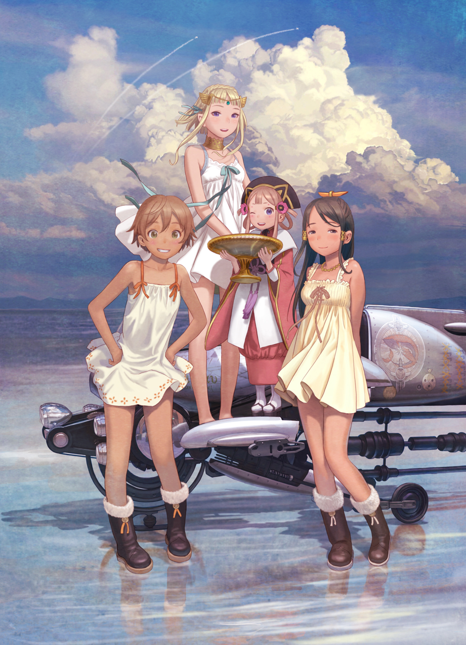 4girls, ;d, bangs, black_hair, blonde_hair, blue_sky, boots, brown_hair