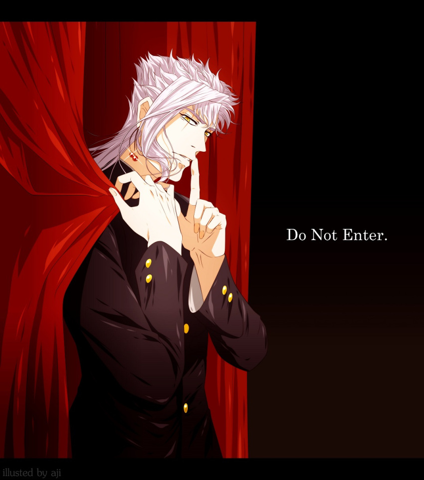 1boy, aji_(coastal_area), artist_name, curtains, earrings, english, engrish, finger_to_mouth