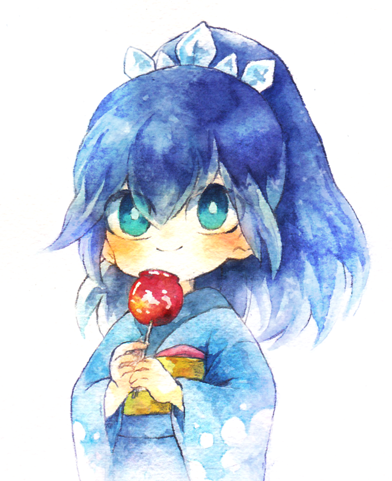 1girl, aqua_eyes, blue_hair, candy_apple, fubukihime, high_ponytail, japanese_clothes, kimono