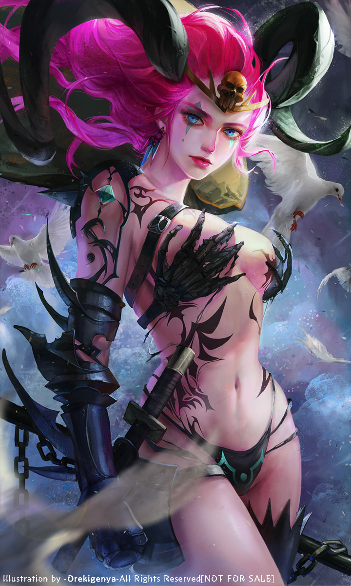 1girl, animal, armor, artist_name, belt, bird, black_legwear, black_panties