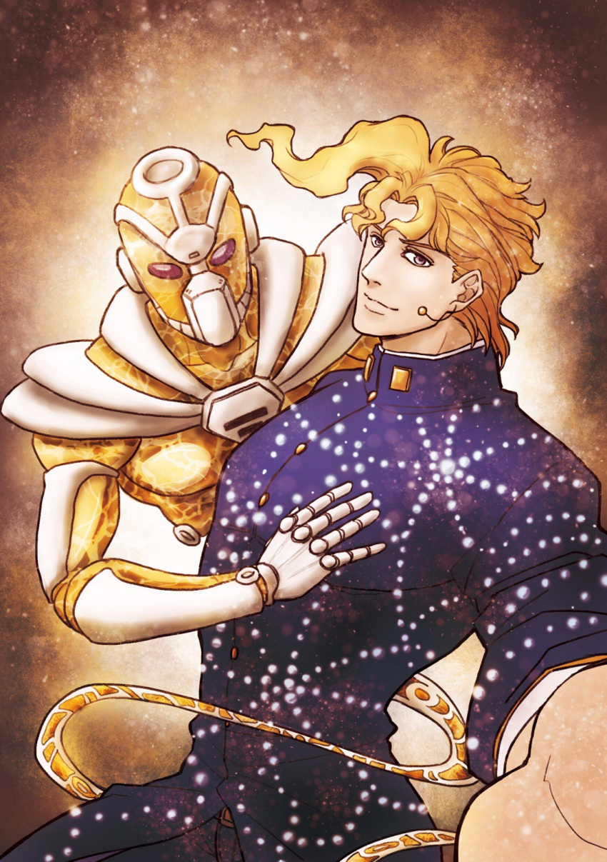 1boy, blonde_hair, earrings, gakuran, hierophant_green, highres, jewelry, jojo_no_kimyou_na_bouken