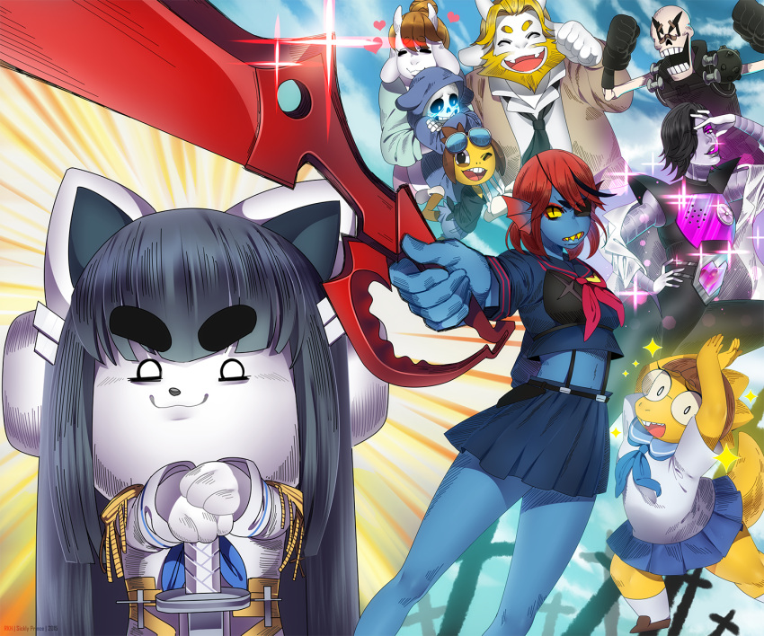 alphys, asgore_dreemurr, black_hair, blue_eyes, cosplay, crossover, hair_over_one_eye, highres