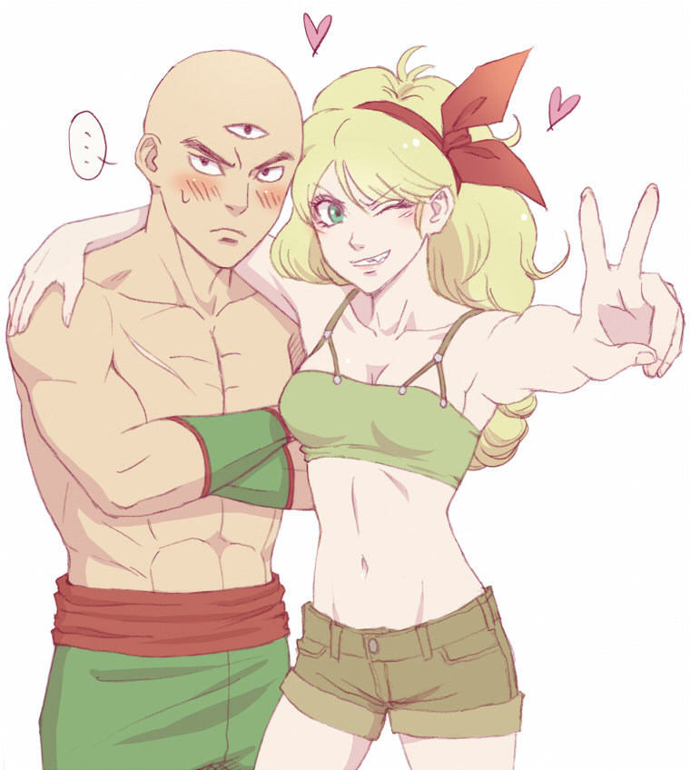 ..., abs, aonekonotorso, arm_around_neck, bald, black_eyes, blonde_hair, blush