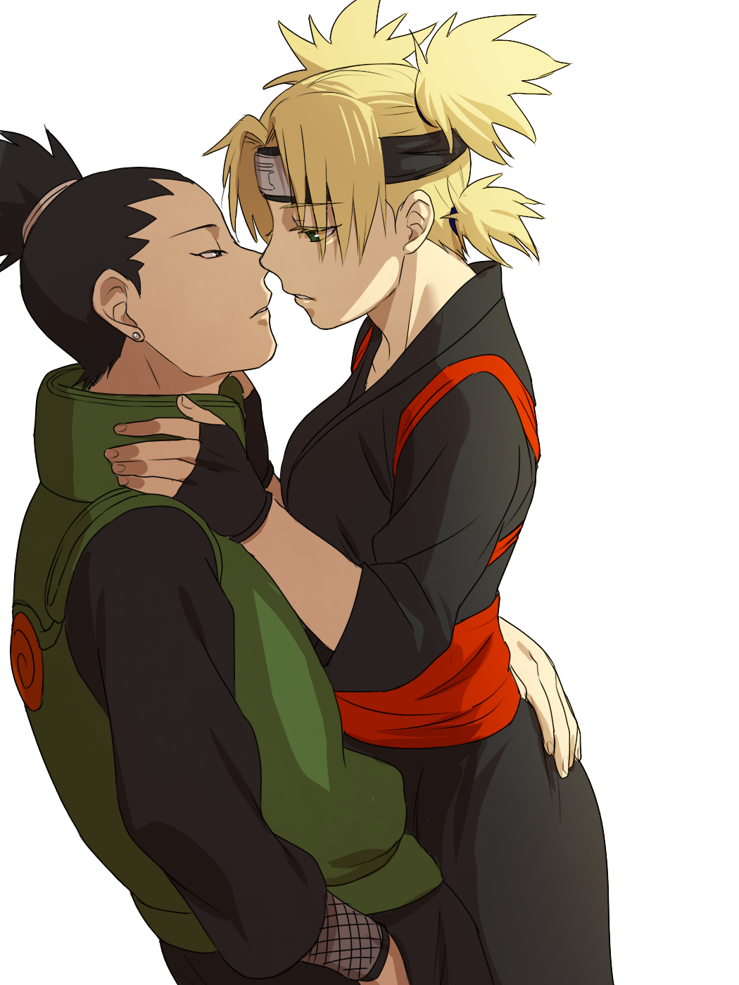 1boy, 1girl, black_eyes, black_hair, blonde_hair, couple, forehead_protector, green_eyes, hetero, highres, incipient_kiss, ki_(mxxxx), long_hair, nara_shikamaru, naruto, naruto_shippuuden, quad_tails, temari