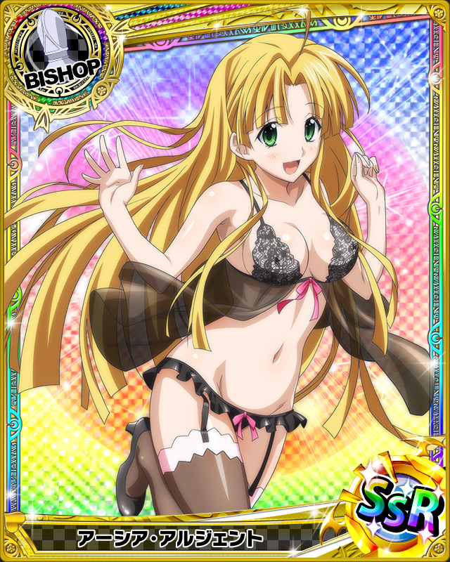 1girl, ahoge, artist_request, asia_argento, bishop_(chess), black_legwear, blonde_hair, card_(medium)