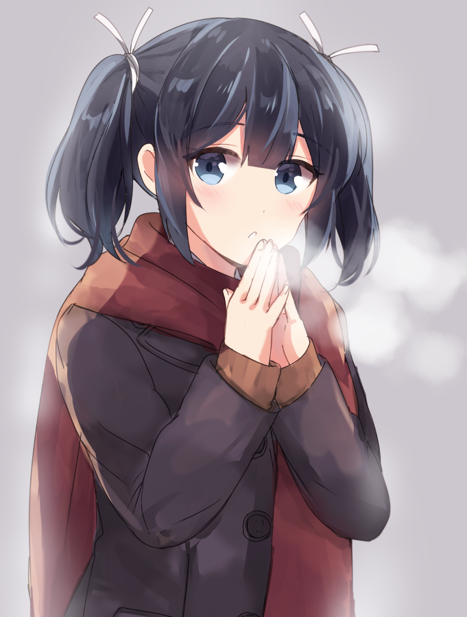 1girl, black_hair, blue_eyes, coat, kantai_collection, komachi_narota, long_hair, open_mouth