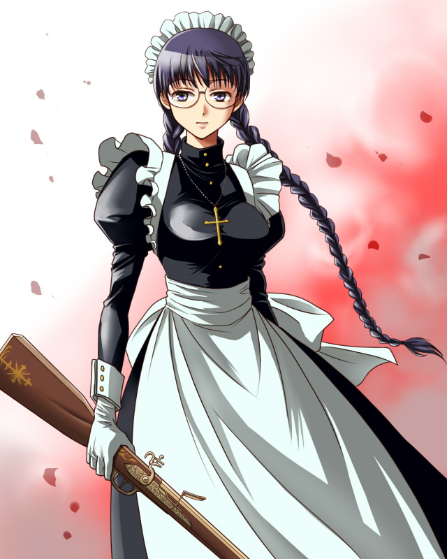 1girl, apron, arms_at_sides, bangs, black_dress, black_hair, black_lagoon, blue_eyes