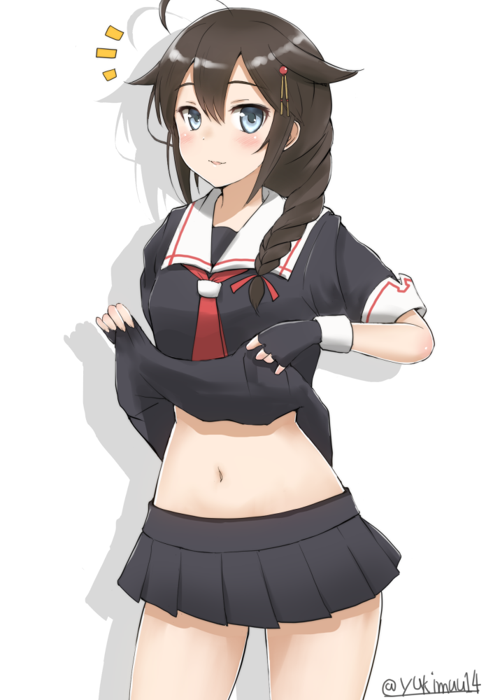 1girl, ahoge, black_hair, blue_eyes, braid, hair_flaps, hair_ornament, hair_ribbon, kantai_collection, long_hair, navel, nayunayunayu0001, remodel_(kantai_collection), ribbon, school_uniform, serafuku, shigure_(kantai_collection), shirt_lift, single_braid, skirt, smile, solo