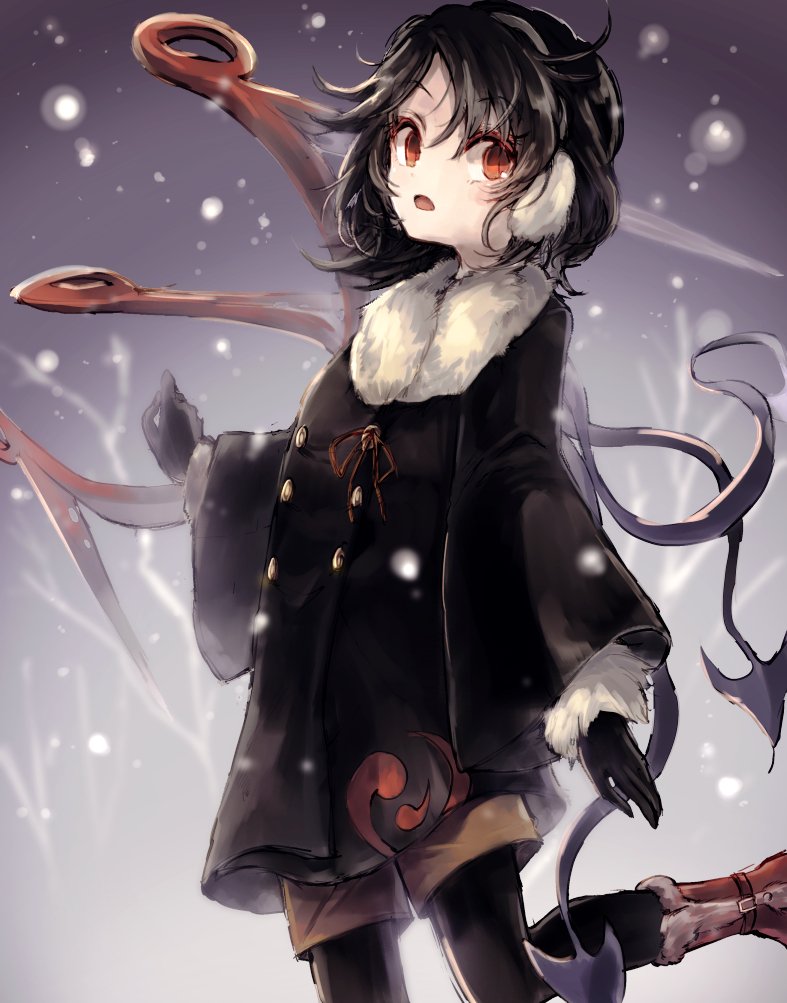 1girl, adapted_costume, alternate_costume, asymmetrical_wings, black_gloves, black_hair, black_legwear, boots, coat, earmuffs, gloves, gradient, gradient_background, hisona_(suaritesumi), houjuu_nue, long_sleeves, looking_at_viewer, open_mouth, pantyhose, red_eyes, short_hair, shorts, snowing, solo, touhou, wide_sleeves, wings, winter_clothes