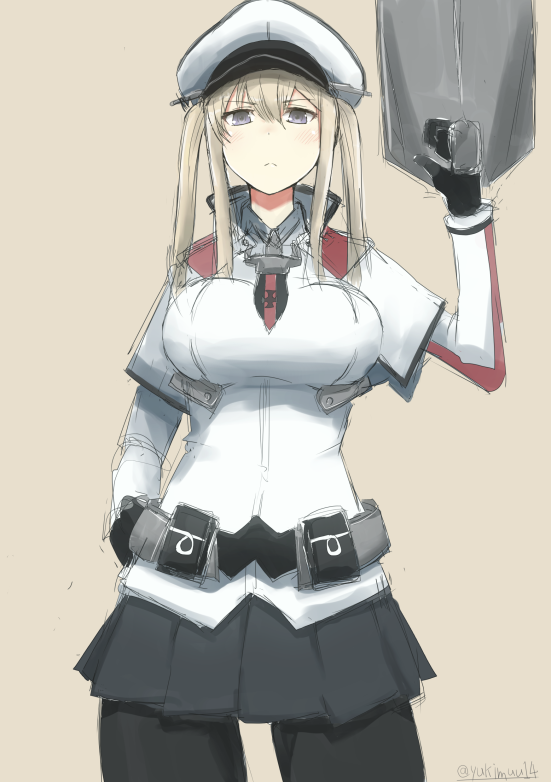 1girl, aa_gun, black_legwear, blonde_hair, breasts, cannon, capelet, gloves