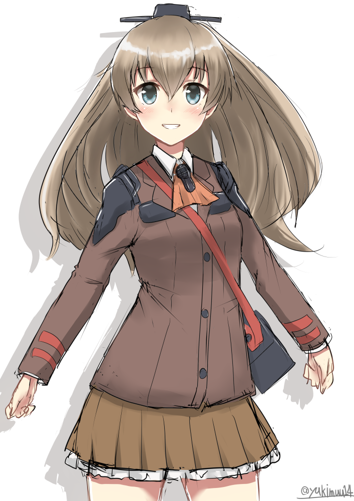 ascot, blazer, blue_eyes, brown_hair, gun, hair_ornament, kantai_collection, kumano_(kantai_collection)