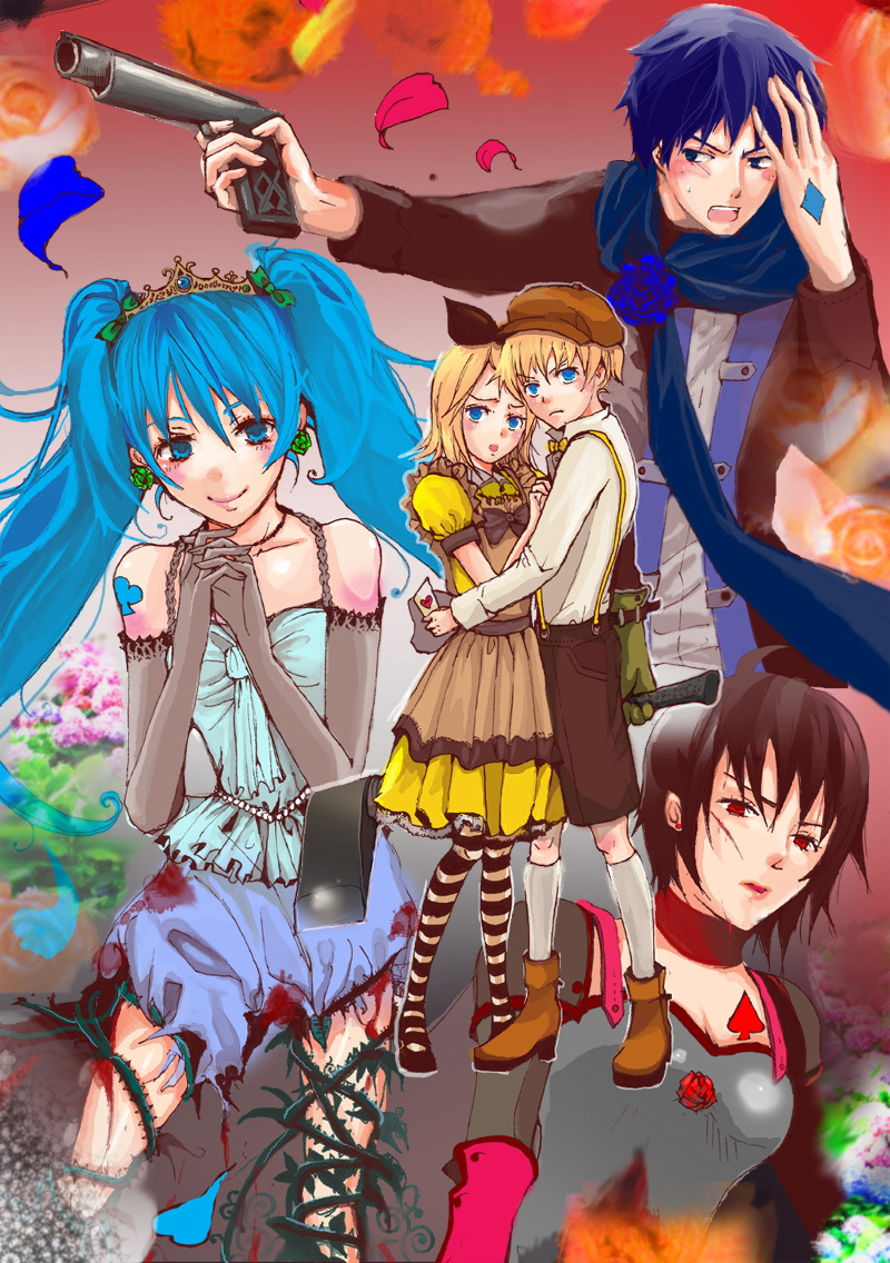 axe, blonde_hair, blood, blue_hair, brown_hair, crown, cuts, dress