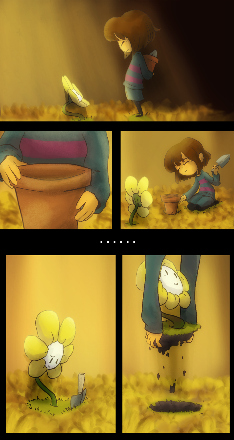 1other, androgynous, brown_hair, closed_eyes, comic, flower, flower_bed, flower_pot