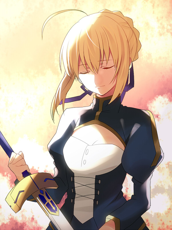 1girl, ahoge, blonde_hair, closed_eyes, dress, excalibur, fate/stay_night, fate_(series)