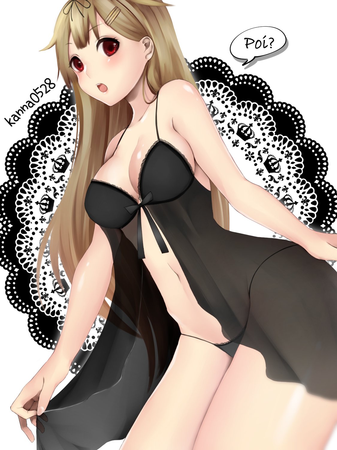 1girl, babydoll, blonde_hair, breasts, hair_flaps, hair_ornament, hair_ribbon, hairclip