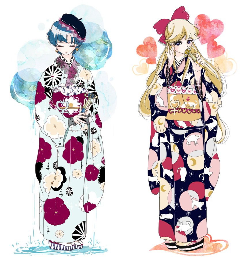 2girls, aino_minako, bishoujo_senshi_sailor_moon, blonde_hair, blue_eyes, blue_hair, blue_nails, bow, closed_eyes, expressionless, full_body, ginkou_(atmzh), hair_bow, hat, heart, highres, japanese_clothes, kimono, long_hair, mercury_symbol, mizuno_ami, multiple_girls, nail_polish, orange_nails, red_bow, sandals, short_hair, standing, venus_symbol, yukata