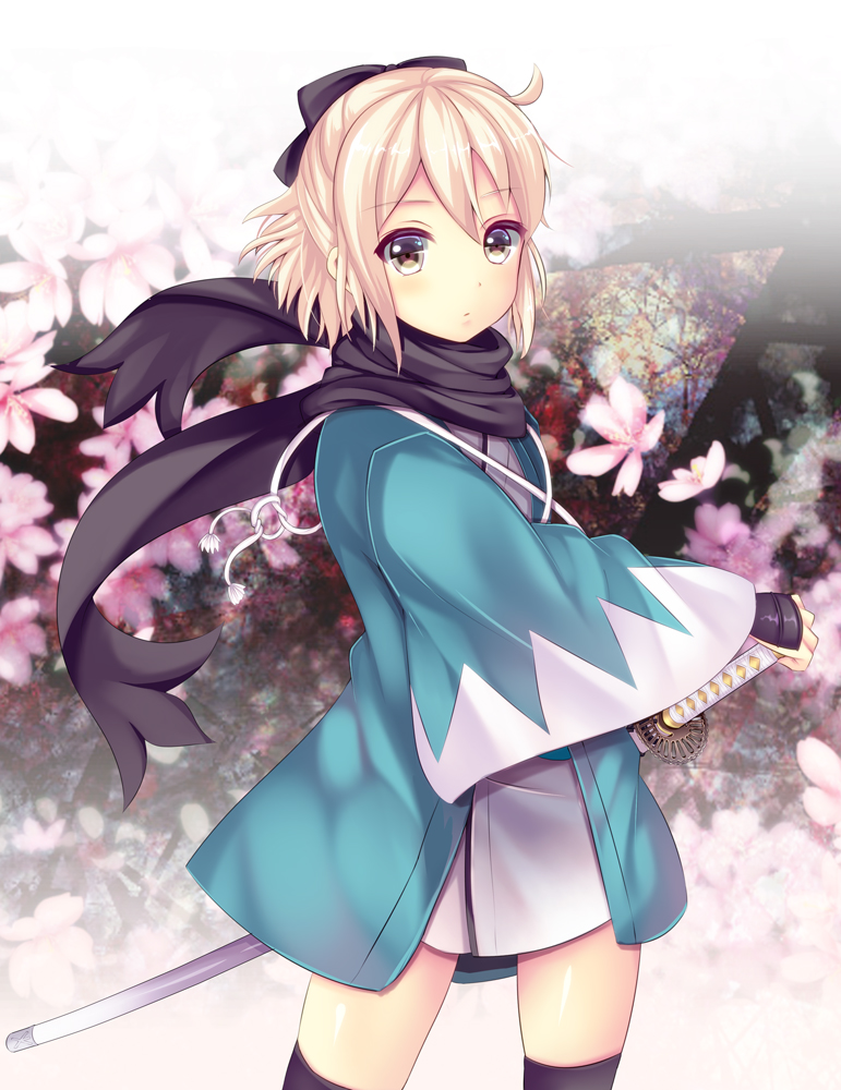 1girl, black_legwear, black_ribbon, black_scarf, blonde_hair, fate/grand_order, fate_(series), hair_ornament