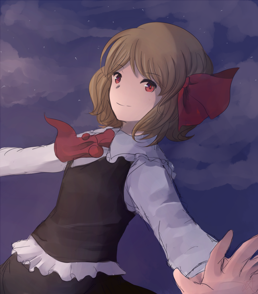 blonde_hair, khylimei, outstretched_arms, red_eyes, rumia, shirt, short_hair, sketch