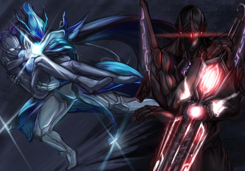 1boy, 1girl, alternate_costume, ambiguous_gender, bodysuit, carrying, open_hand, saryn_(warframe)