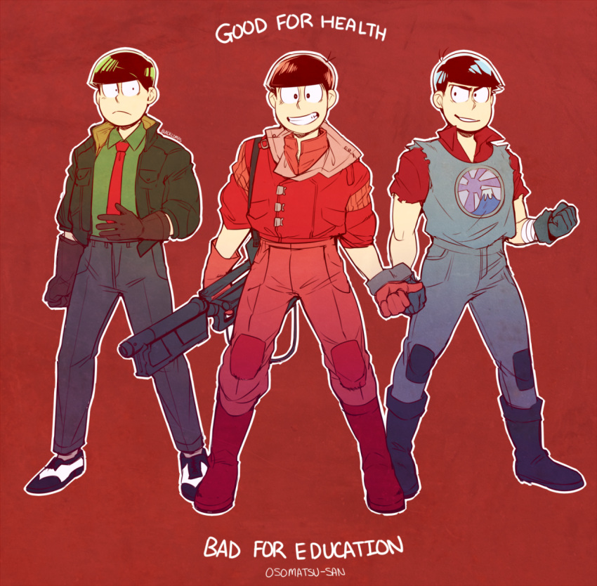 3, akira, boys, brothers, choromatsu, copyright_name, highres, kaneda_shoutarou_(cosplay), karamatsu, looking_at_viewer, male_focus, multiple_boys, number, nyaph, osomatsu-kun, osomatsu-san, osomatsu_(osomatsu-kun), parody, red_background, siblings, simple_background, smile