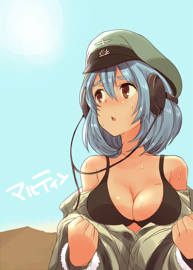 blue_hair, bra, breasts, cleavage, hat, headphones, martin_(milihime_taisen), milihime_taisen