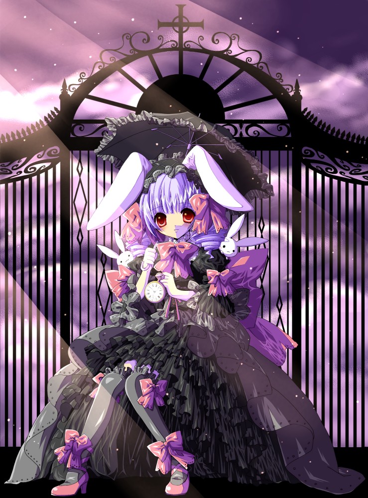blush, bow, bunny_ears, clock, colored, dress, drill_hair, gate, gothic, high_heels, koge_donbo, original, parasol, purple_hair, rabbit_ears, red_eyes, ribbon, shoes, star, takeuchi_(be_in_chaos), thigh-highs, thighhighs, umbrella