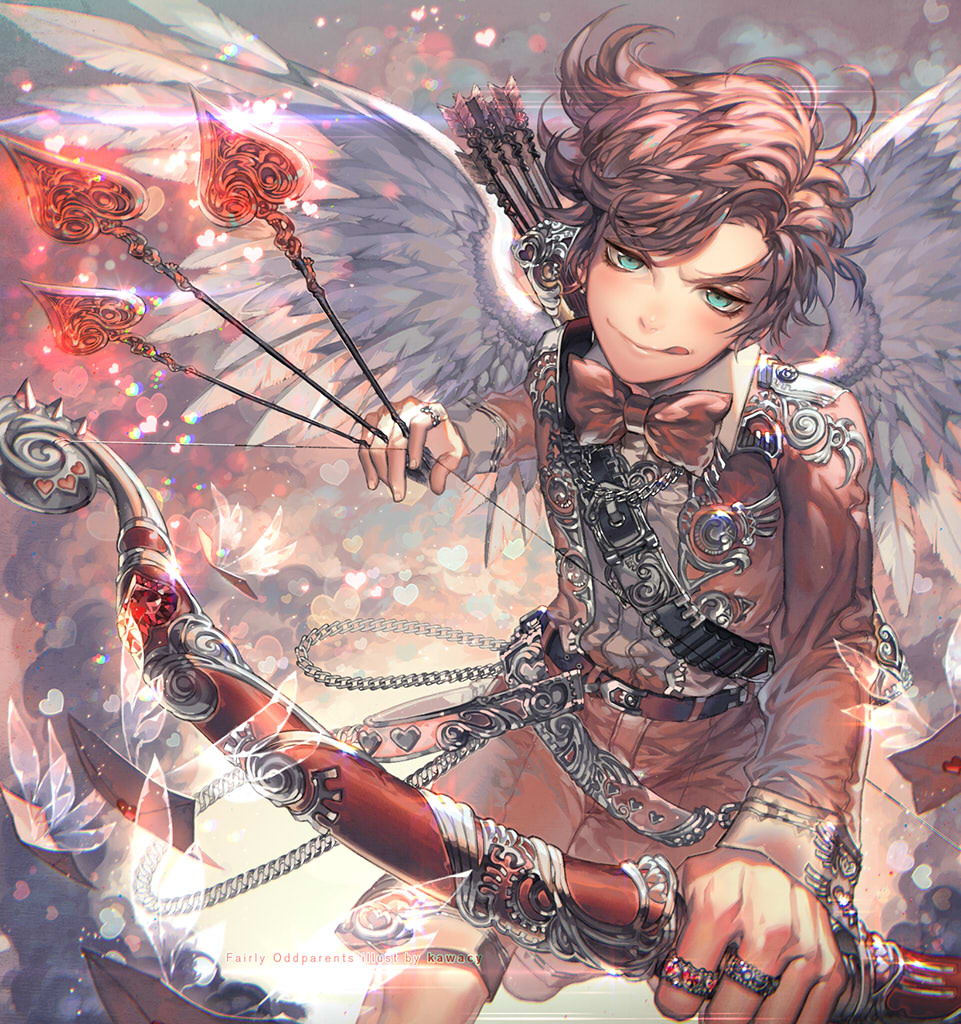 1boy, :q, aqua_eyes, arrow, artist_name, bandolier, bangs, belt, between_fingers, bow_(weapon), buckle, chain, college_shirt, copyright_name, cosmo, dress_shirt, envelope, feathered_wings, flying_paper, heart, holding_weapon, jacket, jewelry, kawacy, lens_flare, letter, long_sleeves, looking_at_viewer, love_letter, male_focus, paper, quiver, red_bowtie, red_jacket, red_shorts, redhead, ring, shirt, solo, swept_bangs, the_fairly_oddparents, tongue, tongue_out, transparent_wings, weapon, white_shirt, white_wings, wings