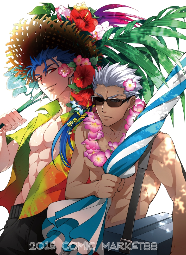 2boys, archer, blue_hair, dark_skin, fate/stay_night, fate_(series), hat, hawaii