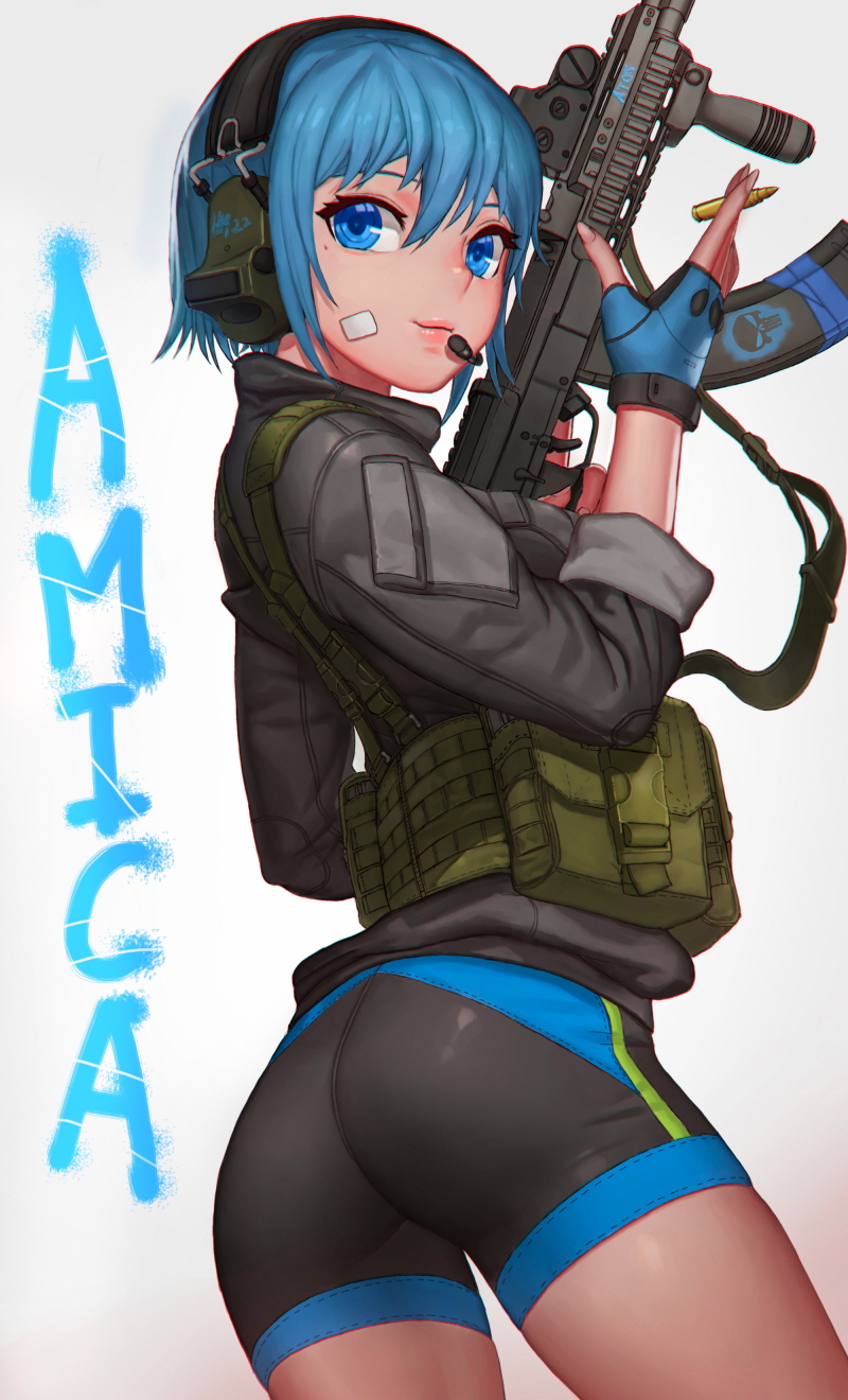 1girl, ass, bandage_on_face, bike_shorts, blue_eyes, blue_gloves, blue_hair, bullet
