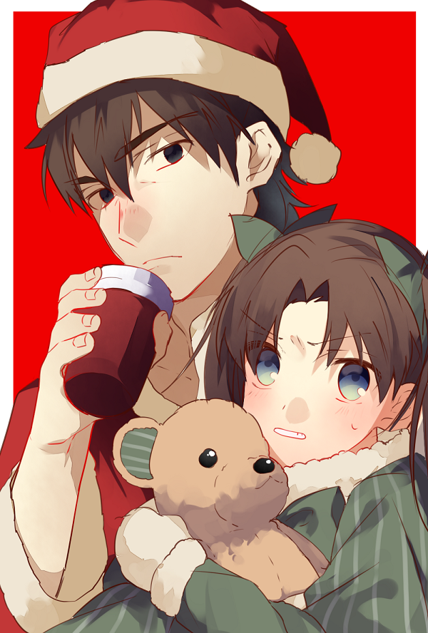 1boy, 1girl, black_eyes, blue_eyes, brown_hair, fate/zero, fate_(series), hat, kotomine_kirei, kuriiro_benishi, santa_hat, stuffed_animal, stuffed_toy, teddy_bear, toosaka_rin