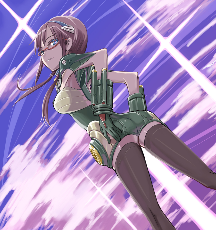 black_legwear, black_thighhighs, blue_eyes, brown_hair, dutch_angle, evangelion:_2.0_you_can_(not)_advance, glasses, hairband