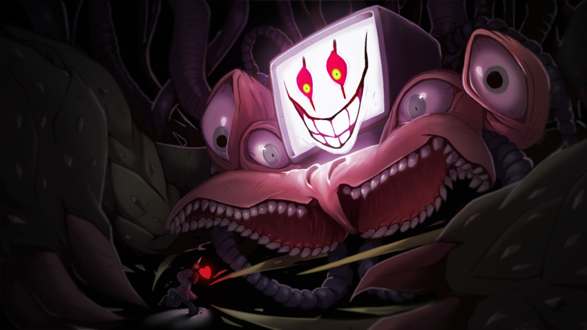 androgynous, battle, dagger, evil_grin, evil_smile, extra_eyes, flowey_(undertale), frisk_(undertale)